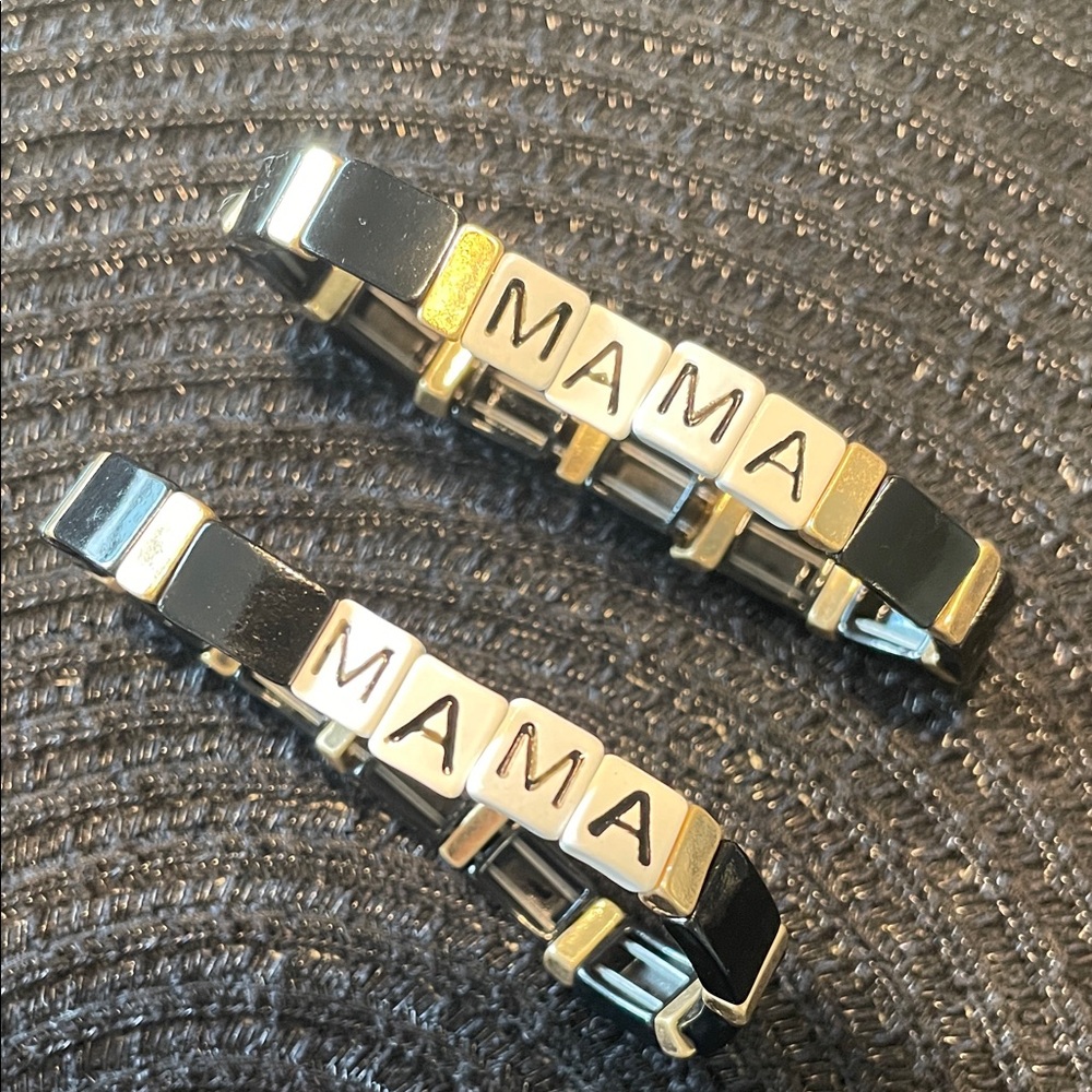 2 MAMA Stretch Bracelets  Set in Black, White & Gold - Picture 4 of 4